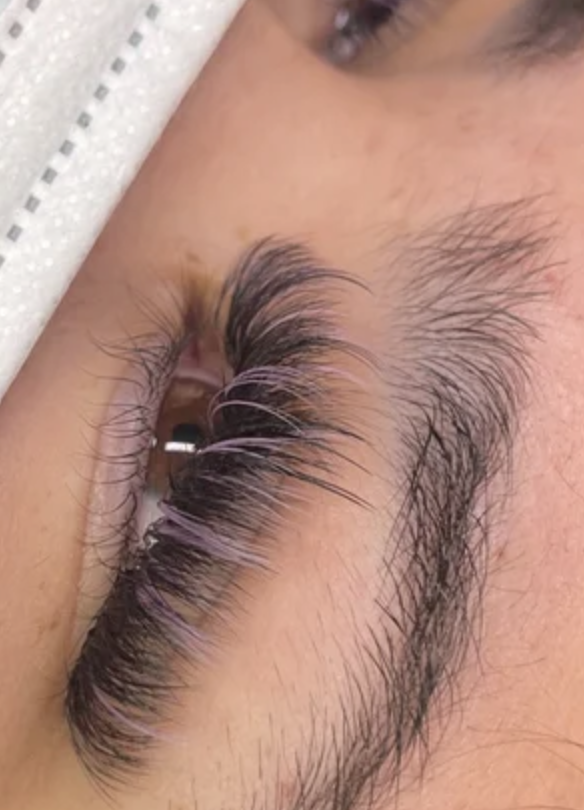 Photo of an eye with black and lavender colored lash extensions.