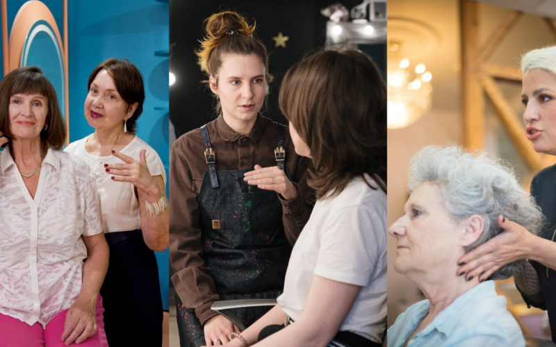 Three images of beauty artists talking to their clients during their service.