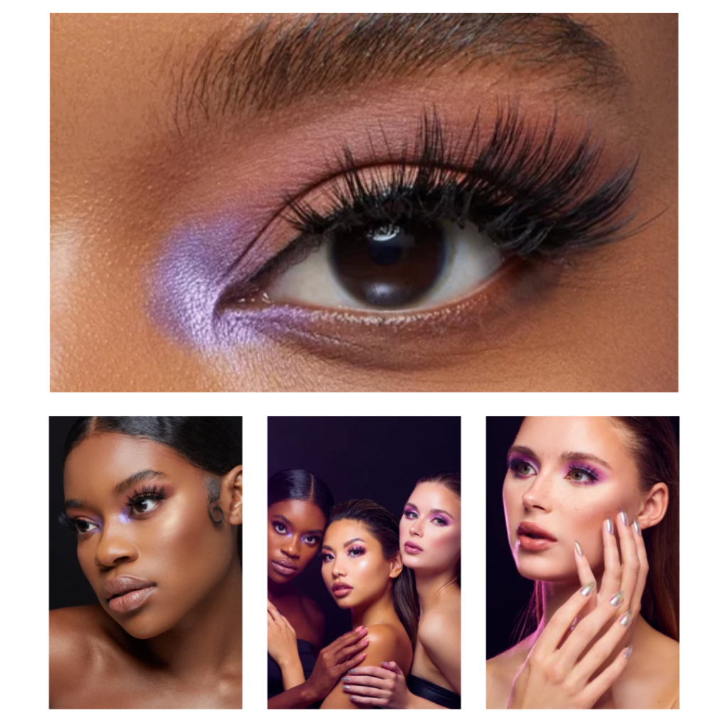 A collage of images from MUA Caitlin Gordon composed of lavender eyeshadow looks. 
