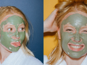 Woman wearing a green face mask.