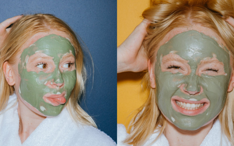 Woman wearing a green face mask.