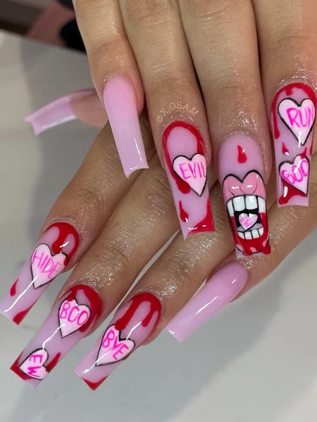 Pink nails with blood drips, and hearts that say 'bye," "hide," "run," and "ew"