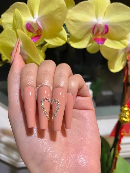 Nude, long nails with a rhinestone heart decal on her middle two fingers.