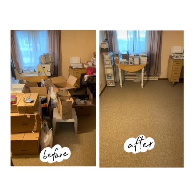 A before and after photo of a room that has been cleaned and organized. In the before image, the room is filled with boxes and clutter. 