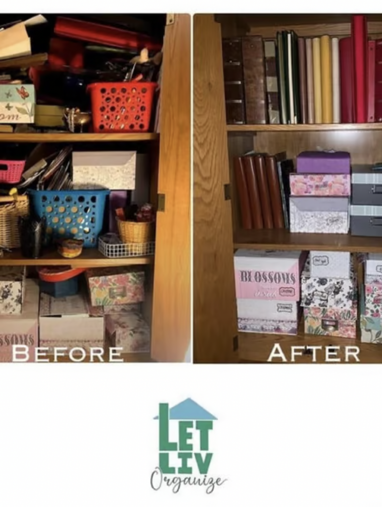 A before and after image of a cabinet that was once stuffed full of items but is now sorted and organized. 