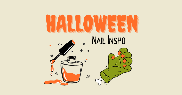 Halloween Nail Inspo Cover image with photo of monster hand and a bottle of nail polish