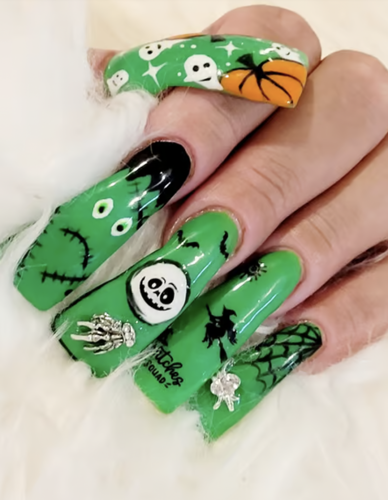 Long green nails with ghost, skeleton, and Frankenstein decals, 